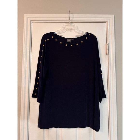 Chicos Top Womens Navy Blue Studded Knit 3/4 Sleeve Gold Studs Edgy Chic - Picture 2 of 6